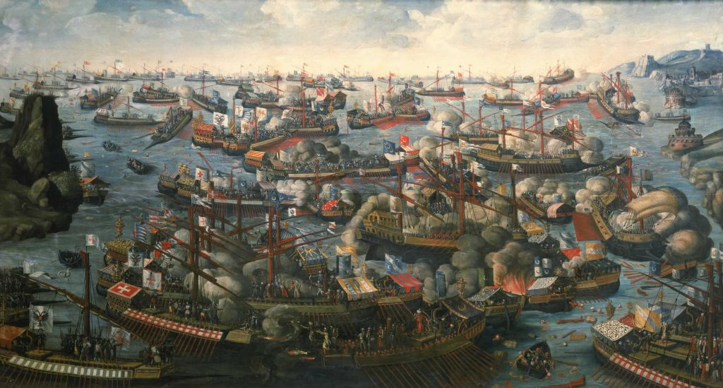 La flota de la orden contribuyó a la destrucción definitiva del poder naval otomano en la batalla de Lepanto en 1571, dirigido por Juan de Austria , hermanastro del rey Felipe II de España .