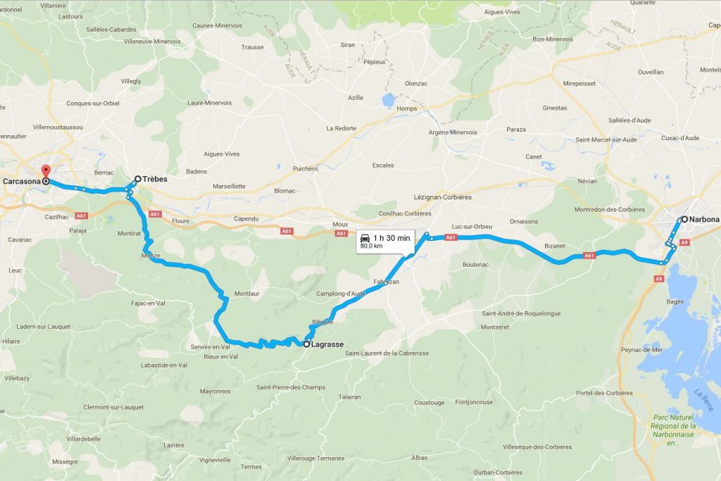 mapa de la ruta de Narbona a Carcasona