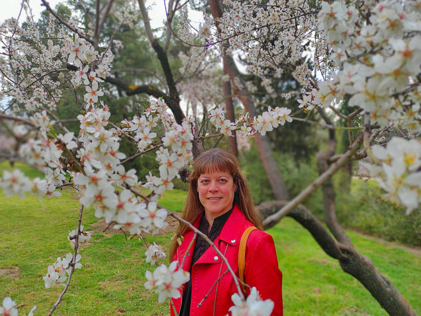 mapa y mochila visitando los almendros en flor en Madrid
